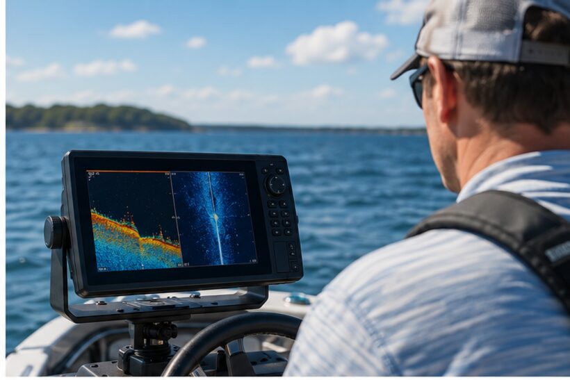 Angler at the helm watching a sonar fish finder screen