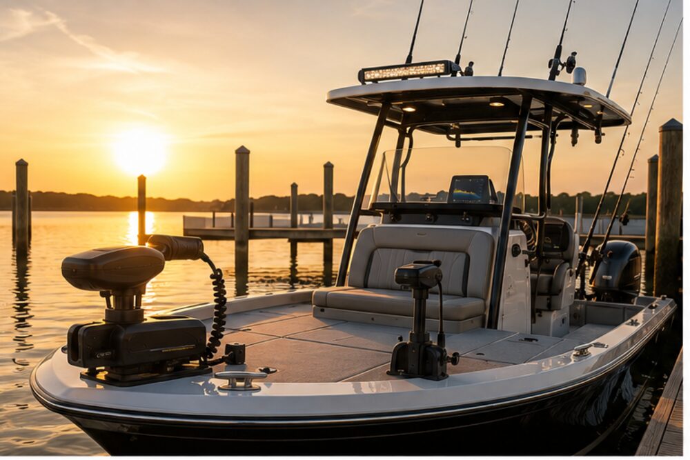 Fully outfitted center-console fishing boat at a dock at golden hour