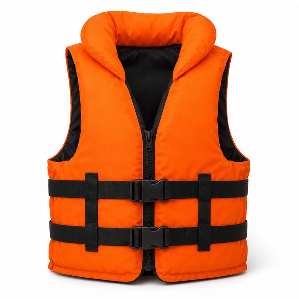 Orange foam life jacket with two buckles