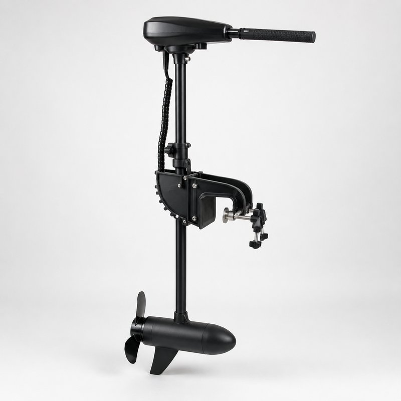 Saltwater-ready transom trolling motor stowed on a boat