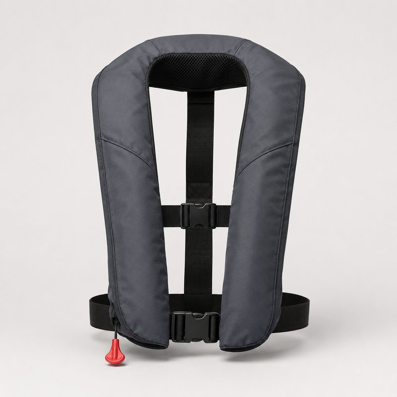 Low-profile inflatable life jacket worn over the shoulders