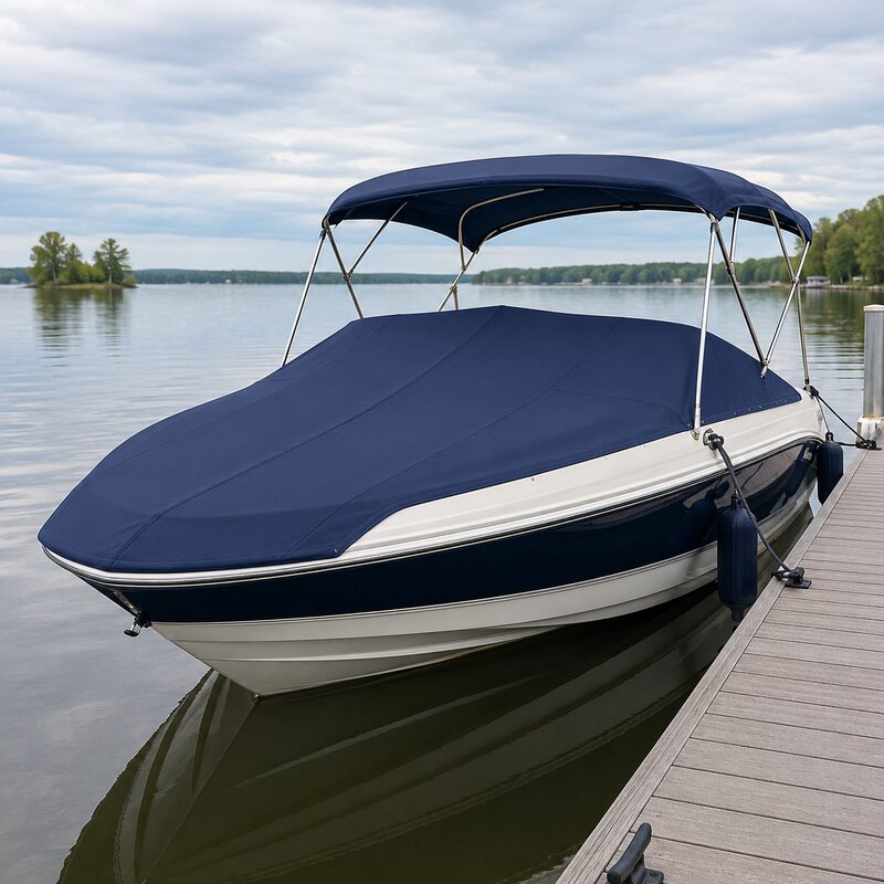 Boat with fitted cover and bimini top docked on calm water
