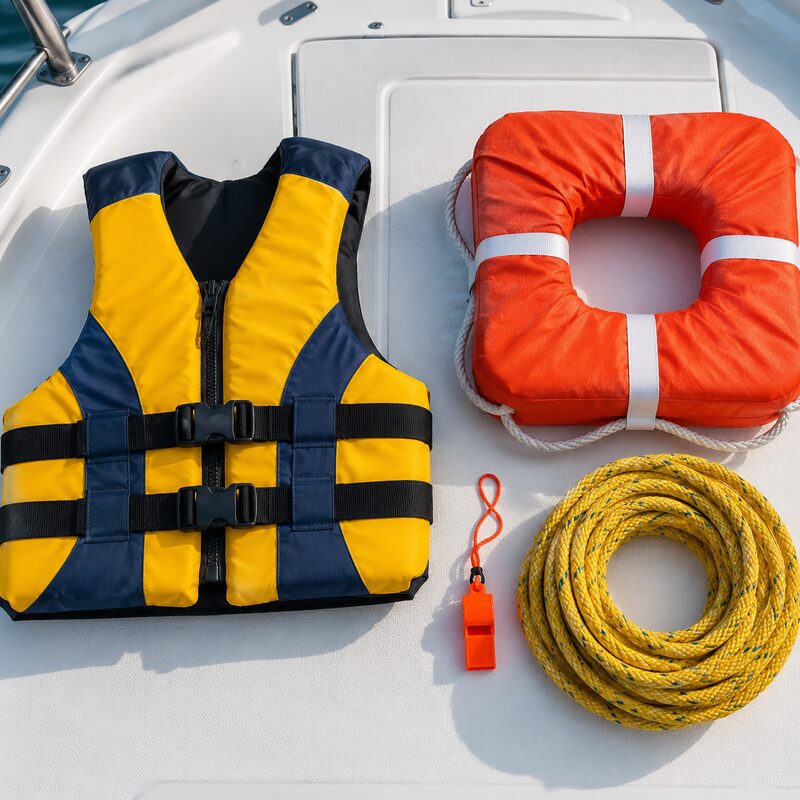 Life jacket, ring buoy and safety whistle on a boat deck