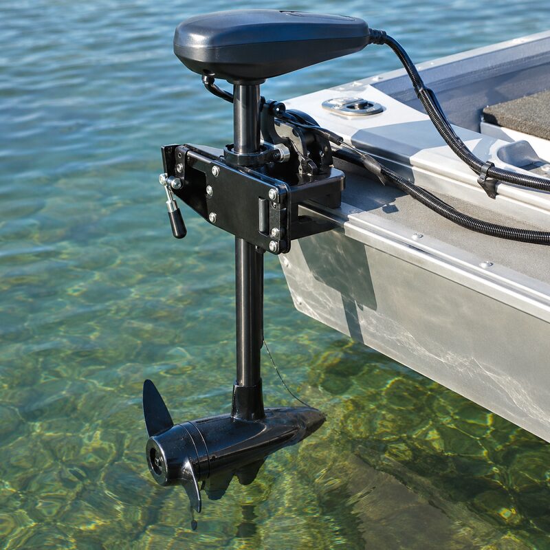 Electric trolling motor mounted on the transom of a boat
