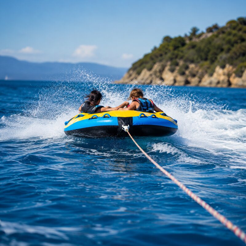 Inflatable towable tube being pulled behind a boat